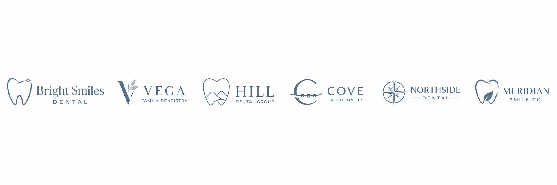 Dental practice logos: Bright Smiles Dental, Vega Family Dentistry, Hill Dental Group, Cove Orthodontics, Northside Dental, Meridian Smile Co.