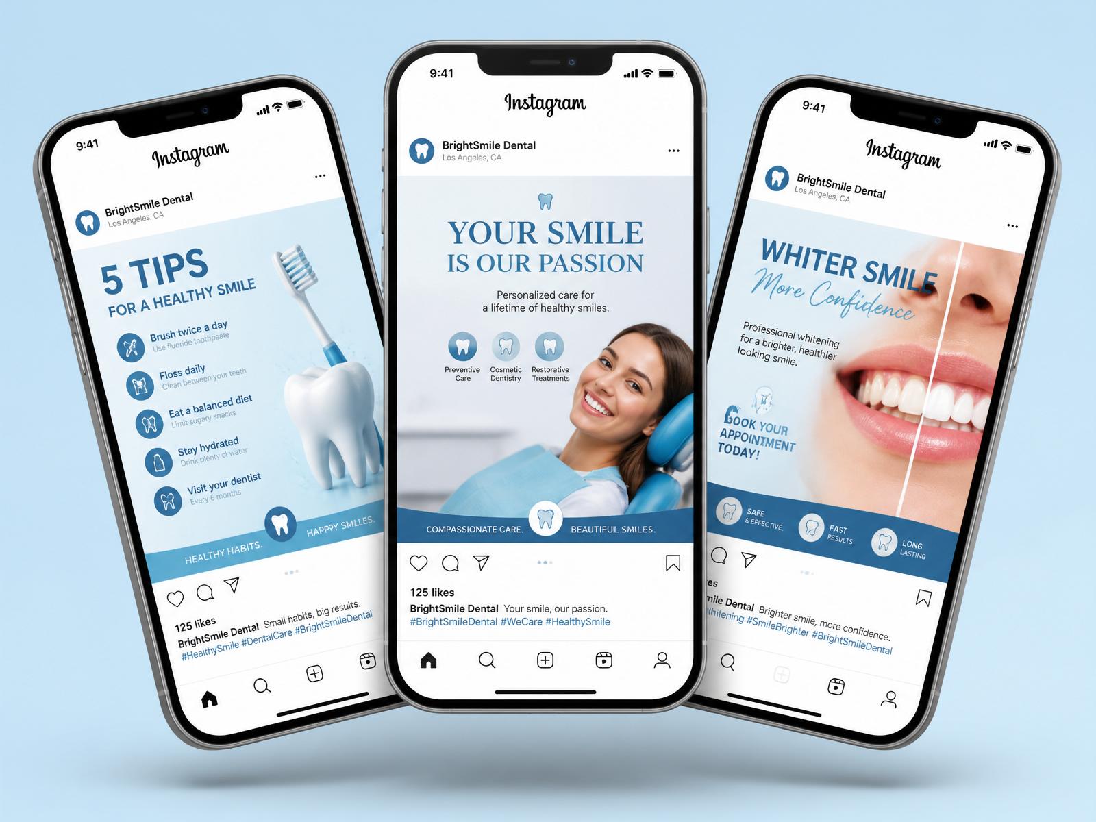 Three phones showing professionally branded dental Instagram posts